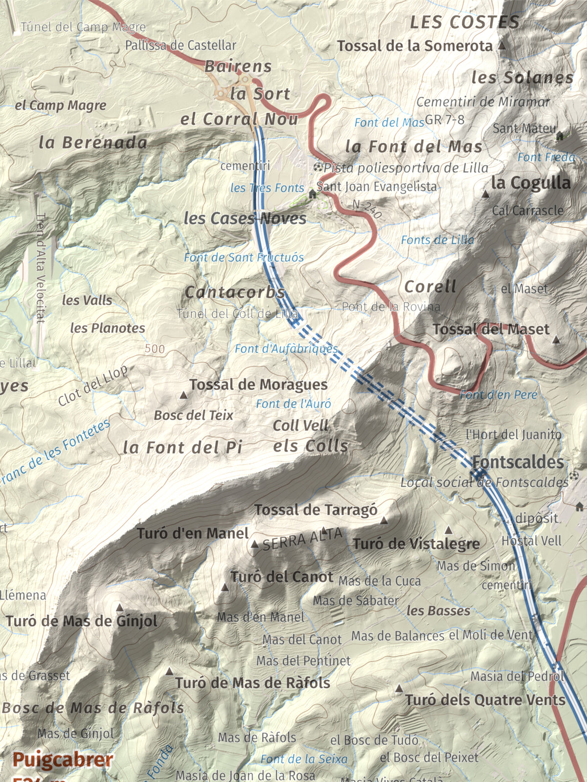 Mapa de relieve de Puigcabrer, 524 m, Alt Camp, lámina 100 Cims de Trobart. Detalle de la zona superior derecha. 30 × 40 cm.