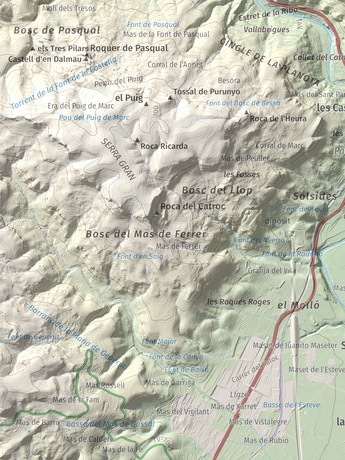 Mapa de relieve de Puigcabrer, 524 m, Alt Camp, lámina 100 Cims de Trobart. Detalle de la zona inferior izquierda. 30 × 40 cm.
