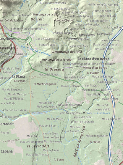 Mapa de relieve de Puigcabrer, 524 m, Alt Camp, lámina 100 Cims de Trobart. Detalle de la zona inferior derecha. 30 × 40 cm.