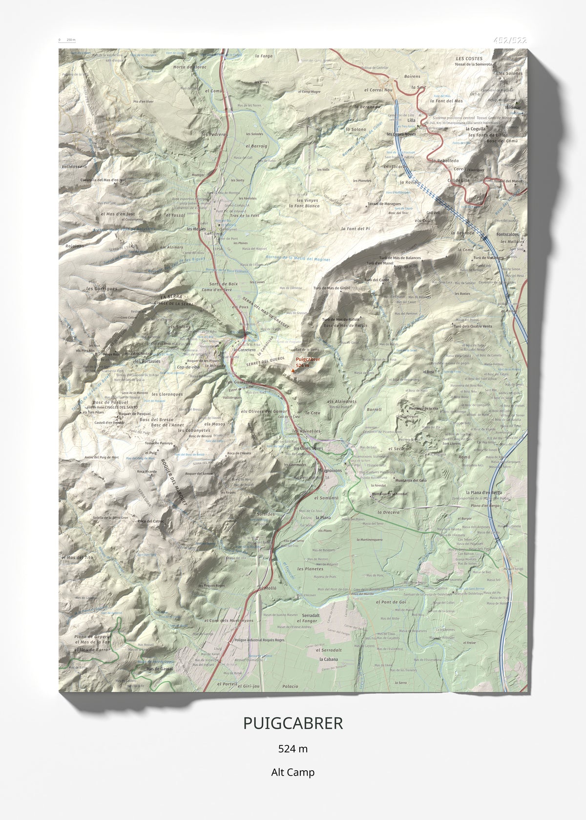 Mapa de relieve de Puigcabrer, 524 m, Alt Camp, lámina 100 Cims de Trobart 50 × 70 cm.