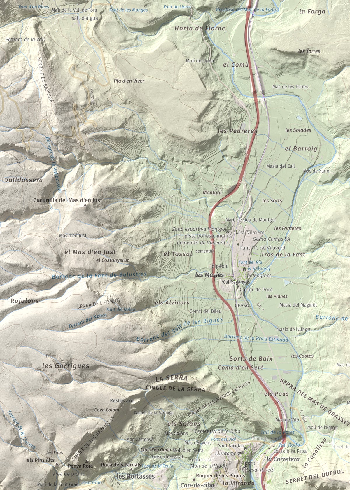 Mapa de relieve de Puigcabrer, 524 m, Alt Camp, lámina 100 Cims de Trobart. Detalle de la zona superior izquierda. 50 × 70 cm.
