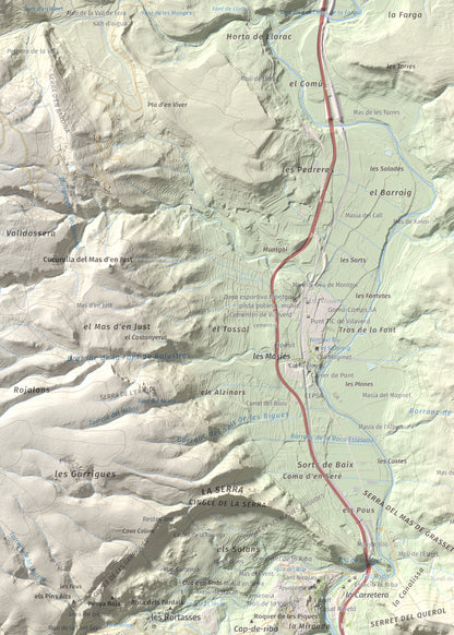 Mapa de relieve de Puigcabrer, 524 m, Alt Camp, lámina 100 Cims de Trobart. Detalle de la zona superior izquierda. 50 × 70 cm.
