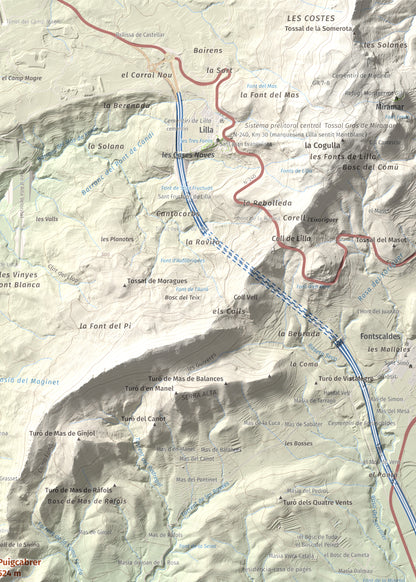 Mapa de relieve de Puigcabrer, 524 m, Alt Camp, lámina 100 Cims de Trobart. Detalle de la zona superior derecha. 50 × 70 cm.