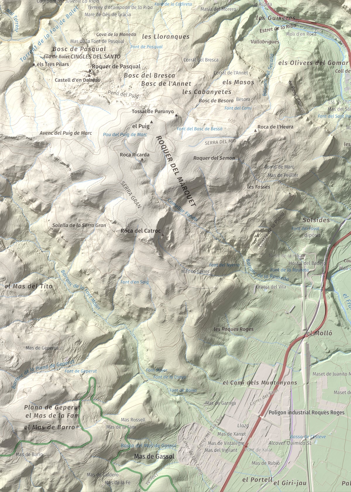 Mapa de relieve de Puigcabrer, 524 m, Alt Camp, lámina 100 Cims de Trobart. Detalle de la zona inferior izquierda. 50 × 70 cm.