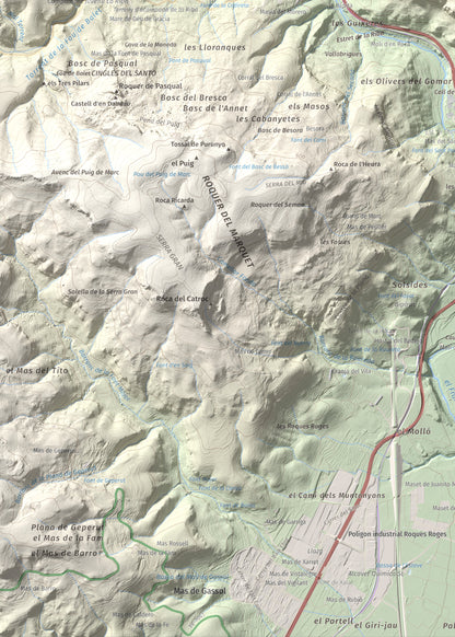 Mapa de relieve de Puigcabrer, 524 m, Alt Camp, lámina 100 Cims de Trobart. Detalle de la zona inferior izquierda. 50 × 70 cm.