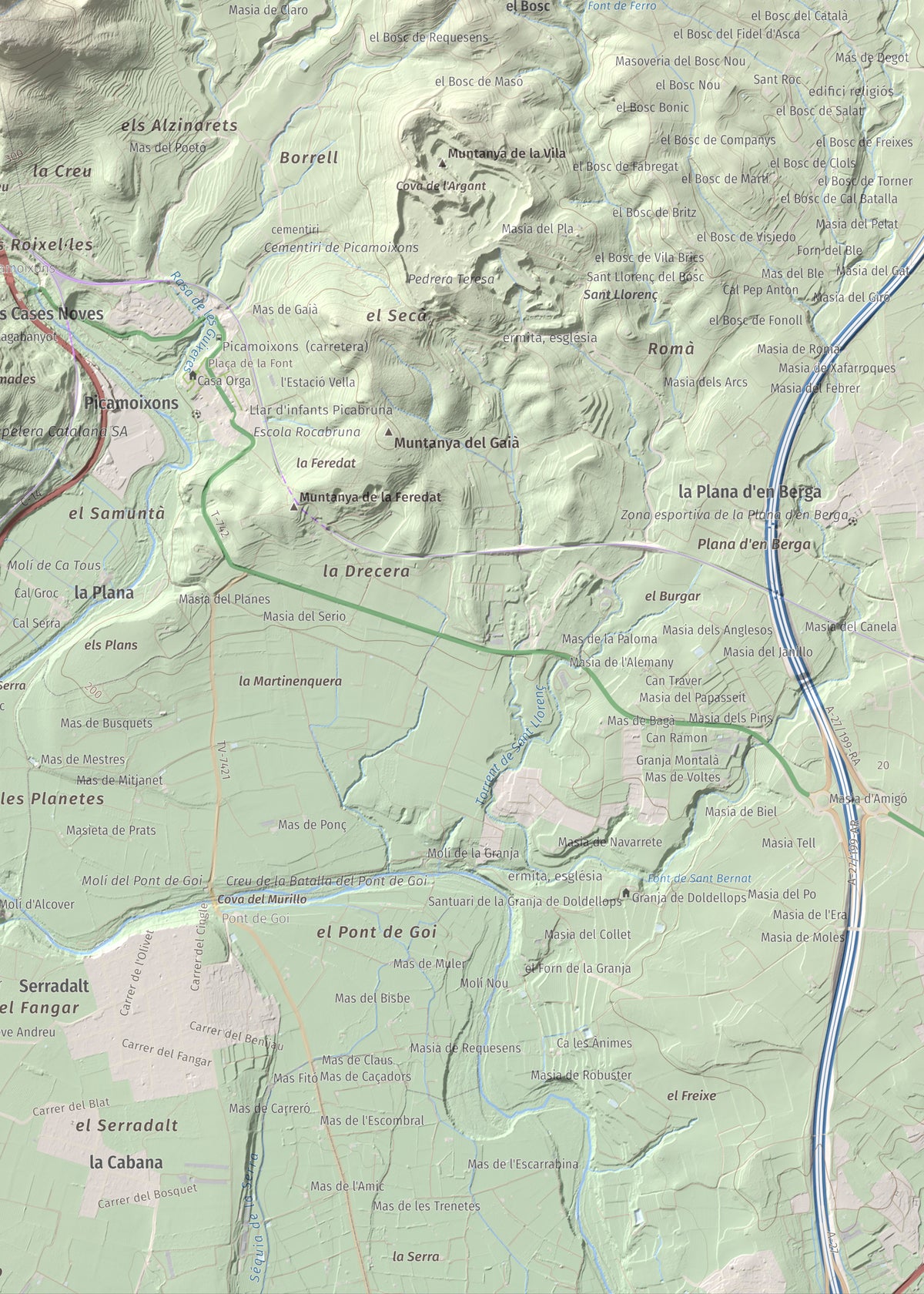 Mapa de relieve de Puigcabrer, 524 m, Alt Camp, lámina 100 Cims de Trobart. Detalle de la zona inferior derecha. 50 × 70 cm.
