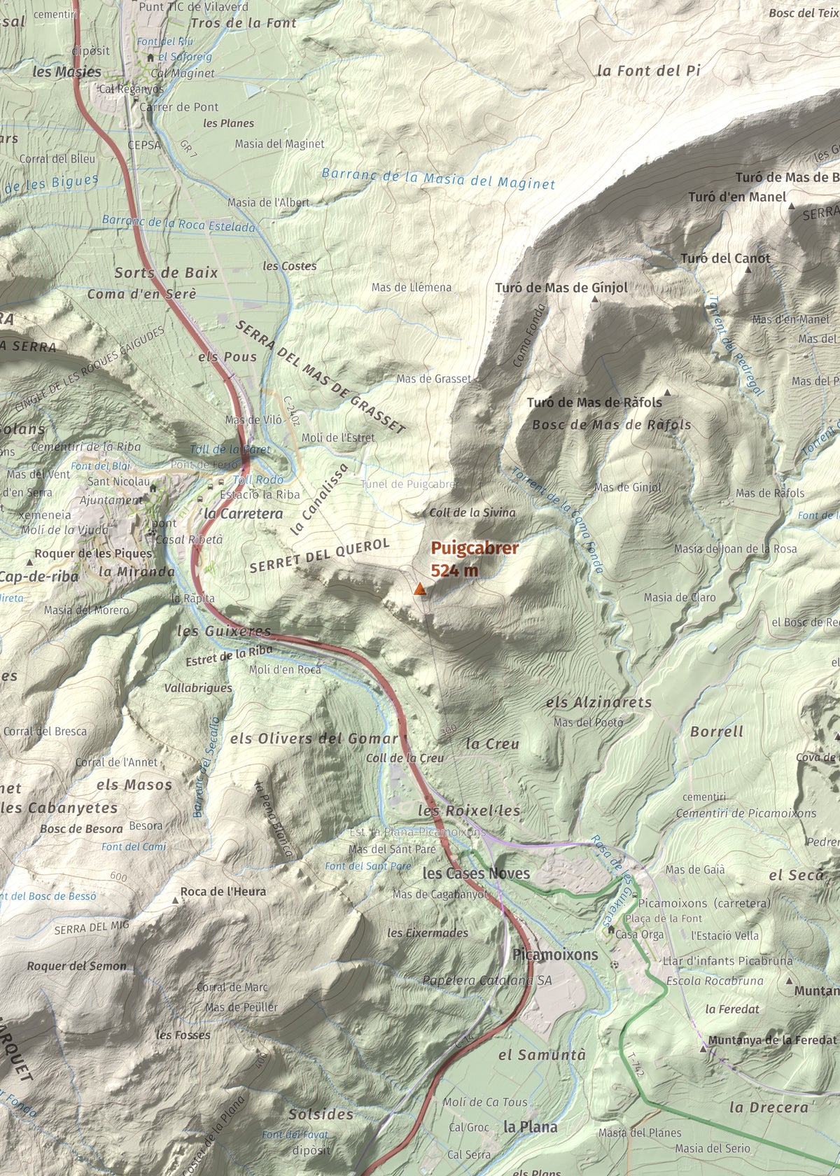 Mapa de relieve de Puigcabrer, 524 m, Alt Camp, lámina 100 Cims de Trobart. Detalle de la zona central. 50 × 70 cm.