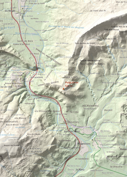 Mapa de relieve de Puigcabrer, 524 m, Alt Camp, lámina 100 Cims de Trobart. Detalle de la zona central. 50 × 70 cm.