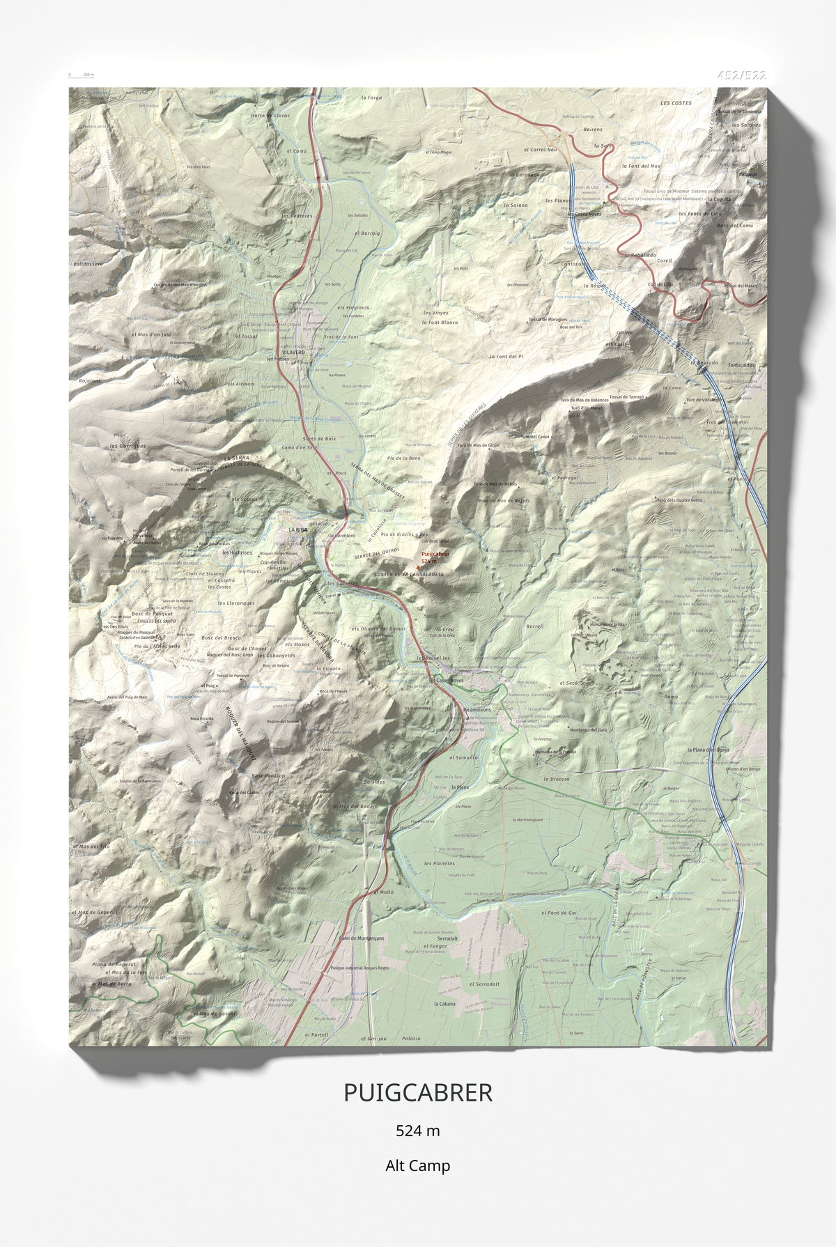 Mapa de relieve de Puigcabrer, 524 m, Alt Camp, lámina 100 Cims de Trobart 61 × 91 cm.