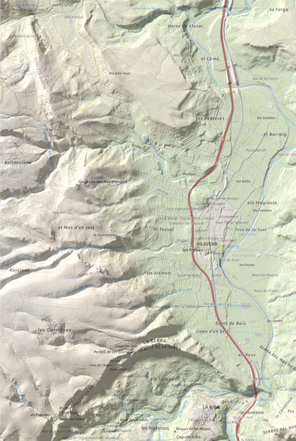 Mapa de relieve de Puigcabrer, 524 m, Alt Camp, lámina 100 Cims de Trobart. Detalle de la zona superior izquierda. 61 × 91 cm.