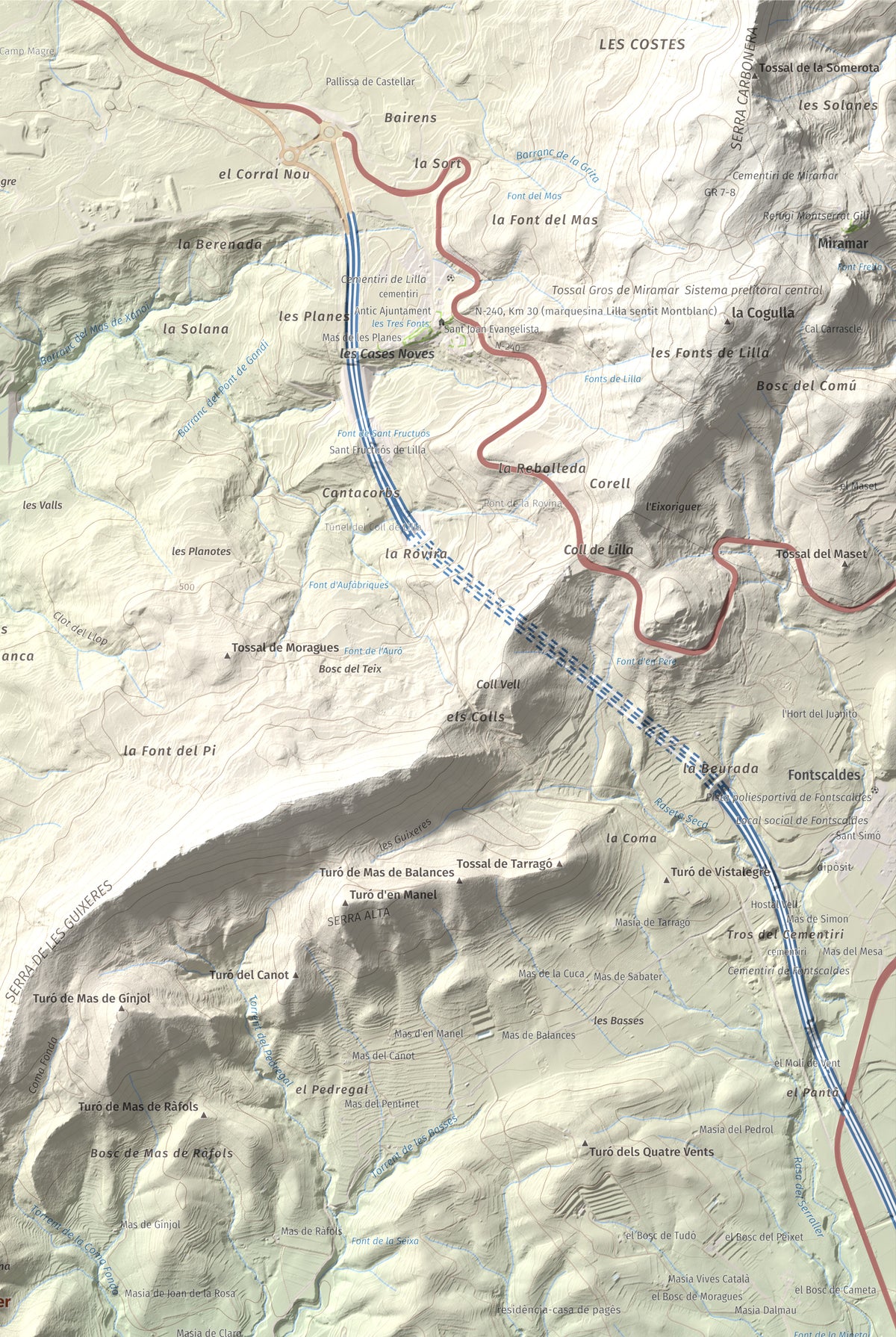 Mapa de relieve de Puigcabrer, 524 m, Alt Camp, lámina 100 Cims de Trobart. Detalle de la zona superior derecha. 61 × 91 cm.