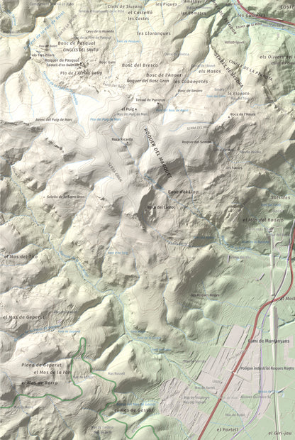 Mapa de relieve de Puigcabrer, 524 m, Alt Camp, lámina 100 Cims de Trobart. Detalle de la zona inferior izquierda. 61 × 91 cm.