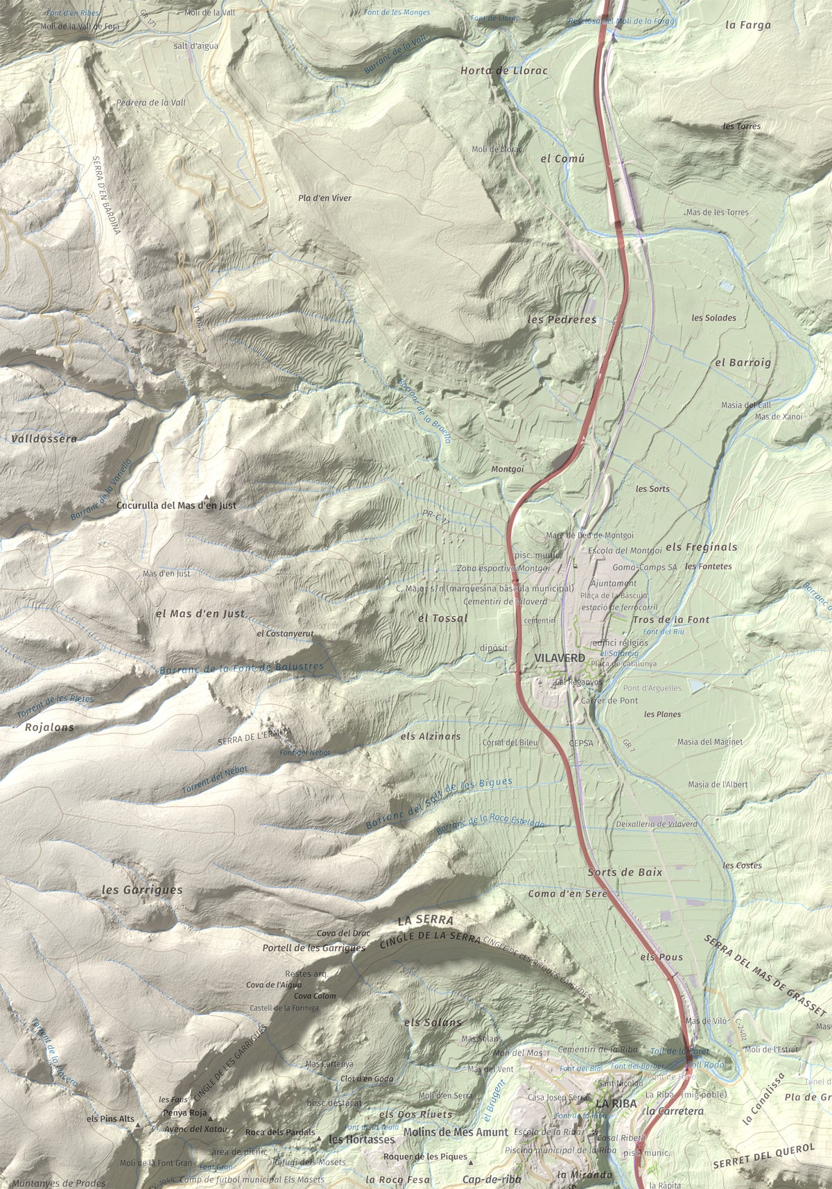 Mapa de relieve de Puigcabrer, 524 m, Alt Camp, lámina 100 Cims de Trobart. Detalle de la zona superior izquierda. 70 × 100 cm.