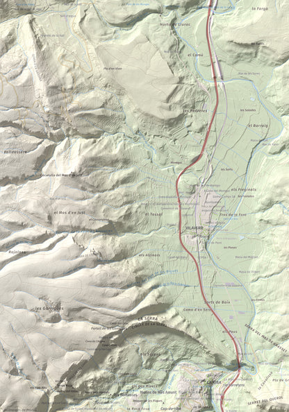 Mapa de relieve de Puigcabrer, 524 m, Alt Camp, lámina 100 Cims de Trobart. Detalle de la zona superior izquierda. 70 × 100 cm.