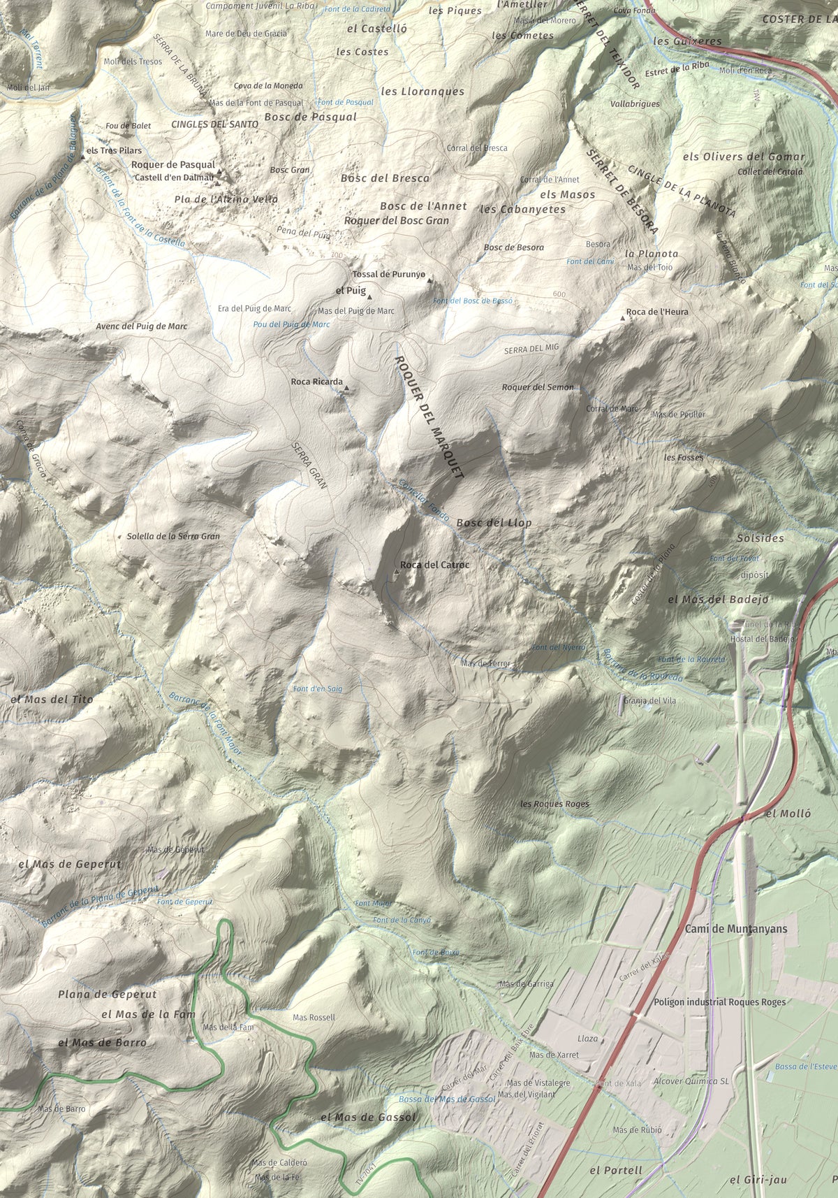 Mapa de relieve de Puigcabrer, 524 m, Alt Camp, lámina 100 Cims de Trobart. Detalle de la zona inferior izquierda. 70 × 100 cm.