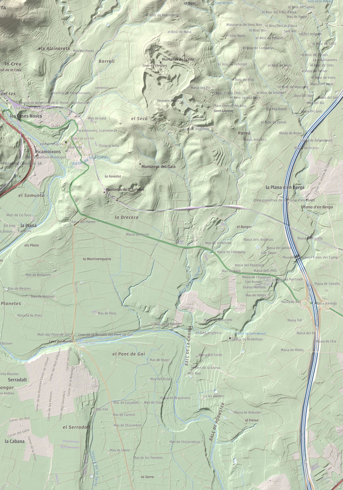 Mapa de relieve de Puigcabrer, 524 m, Alt Camp, lámina 100 Cims de Trobart. Detalle de la zona inferior derecha. 70 × 100 cm.