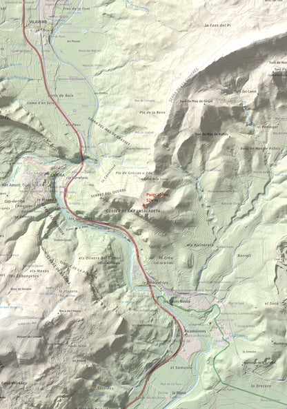 Mapa de relieve de Puigcabrer, 524 m, Alt Camp, lámina 100 Cims de Trobart. Detalle de la zona central. 70 × 100 cm.
