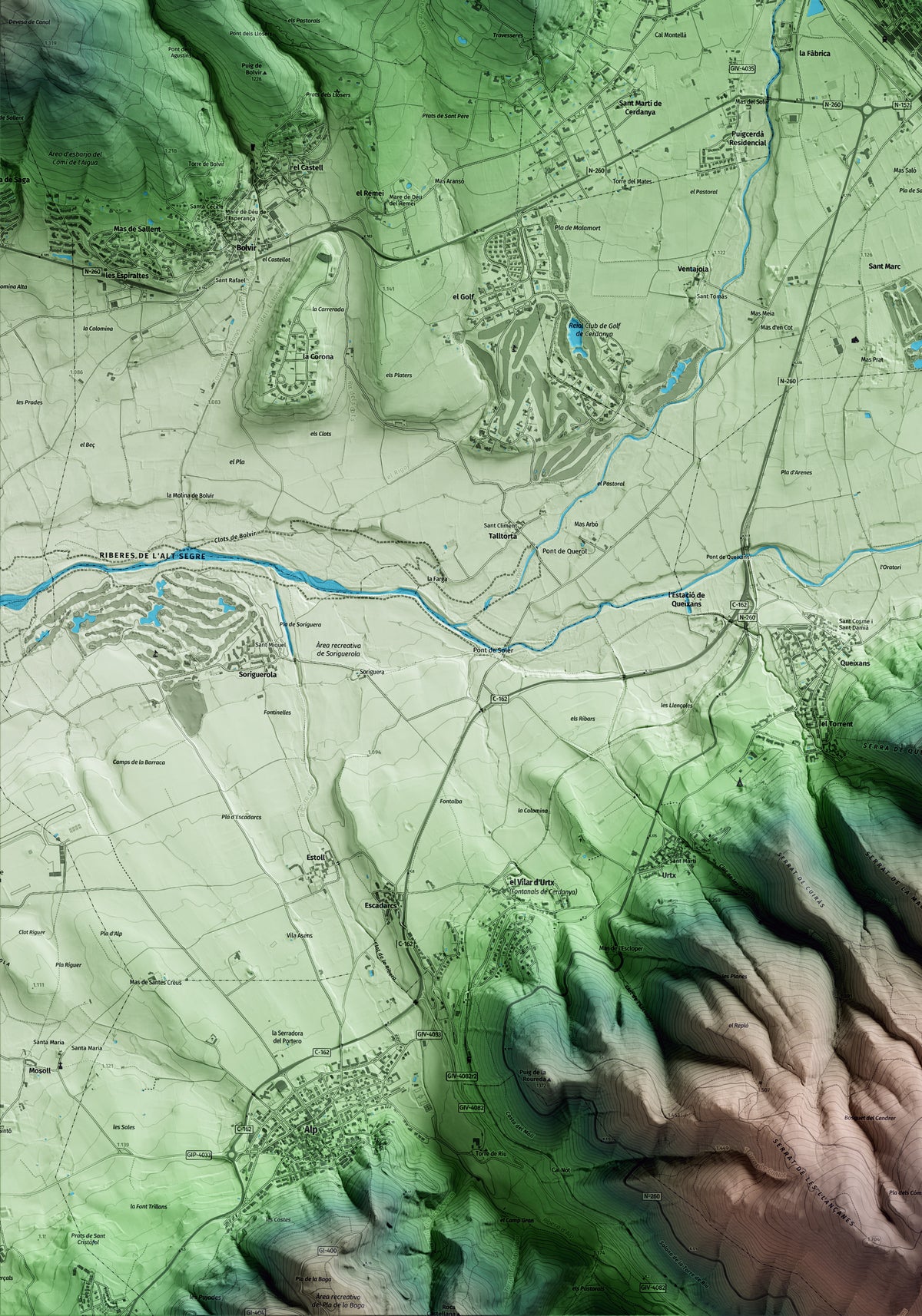 Mapa artístico del relieve de Puigcerdà, a la Cerdanya, con 15 km de entorno y base topográfica ICGC. Detalle de la zona inferior izquierda.