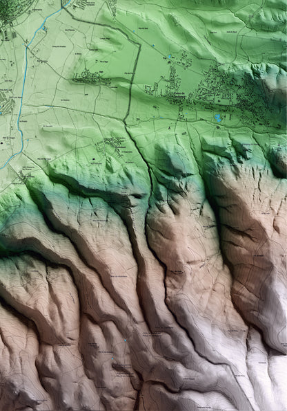 Mapa artístico del relieve de Puigcerdà, a la Cerdanya, con 15 km de entorno y base topográfica ICGC. Detalle de la zona inferior derecha.