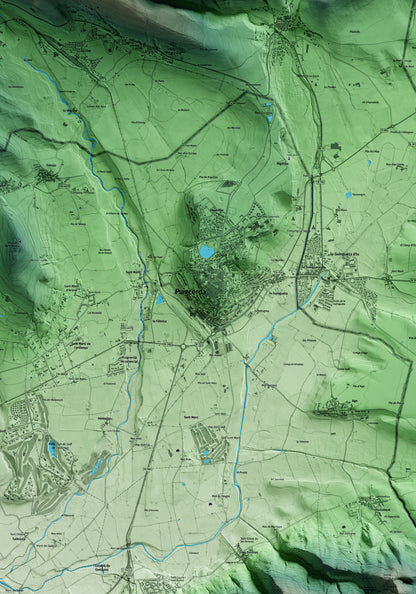Mapa artístico del relieve de Puigcerdà, a la Cerdanya, con 15 km de entorno y base topográfica ICGC. Detalle de la zona central.