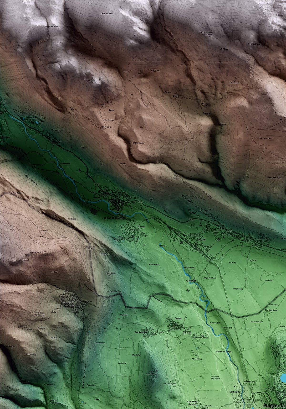 Mapa artístico del relieve de Puigcerdà, a la Cerdanya, con 15 km de entorno y base topográfica ICGC. Detalle de la zona superior izquierda.