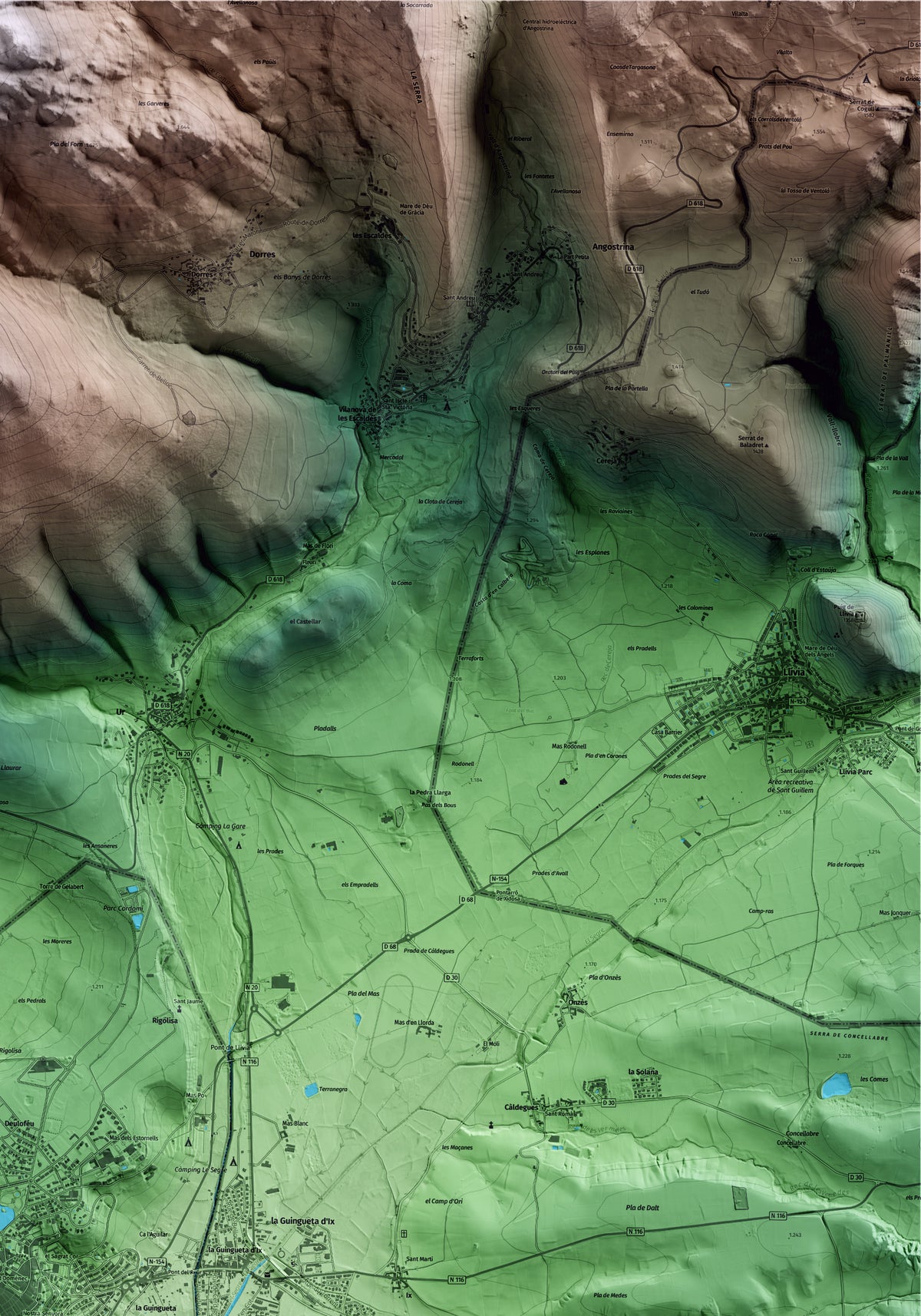 Mapa artístico del relieve de Puigcerdà, a la Cerdanya, con 15 km de entorno y base topográfica ICGC. Detalle de la zona superior derecha.