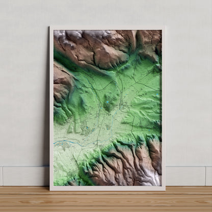 Mapa artístico del relieve de Puigcerdà, a la Cerdanya, con 15 km de entorno y base topográfica ICGC. Presentación enmarcada.