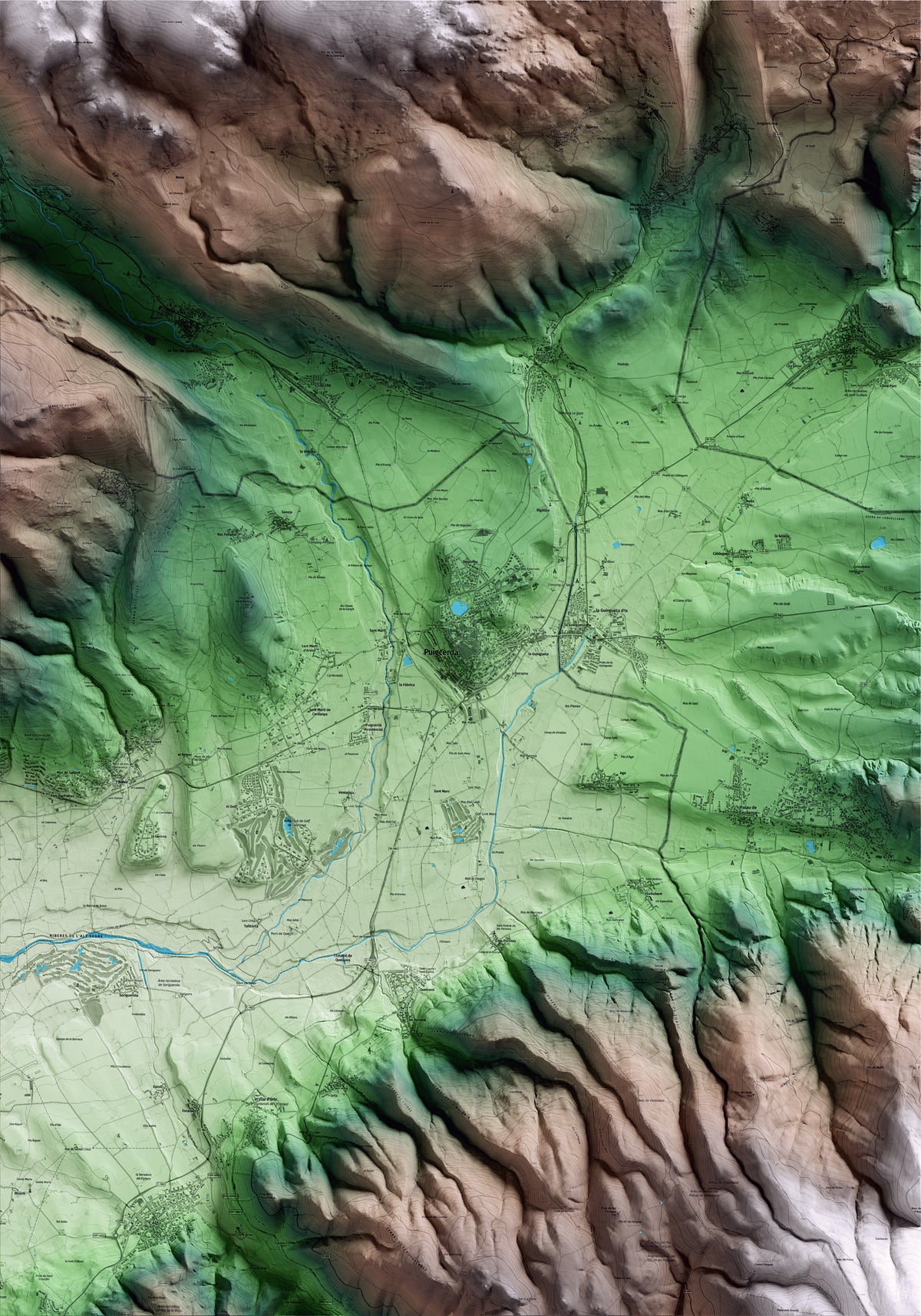 Mapa artístico del relieve de Puigcerdà, a la Cerdanya, con 15 km de entorno y base topográfica ICGC