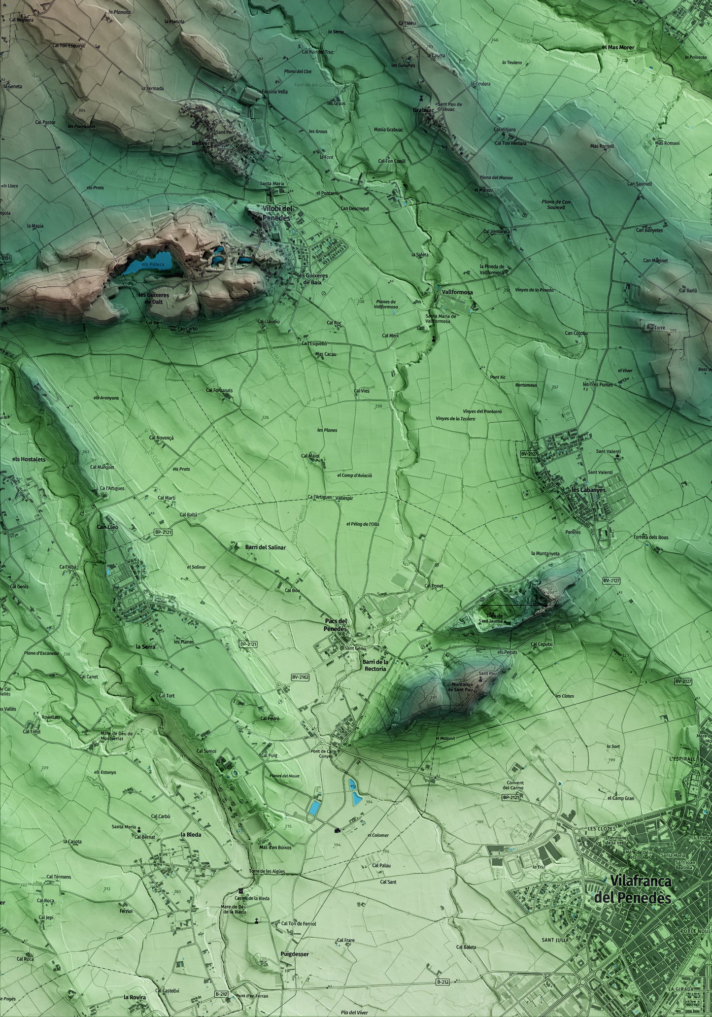 Mapa artístico del relieve de Puigdàlber, al Alt Penedès, con 15 km de entorno y base topográfica ICGC. Detalle de la zona inferior izquierda.