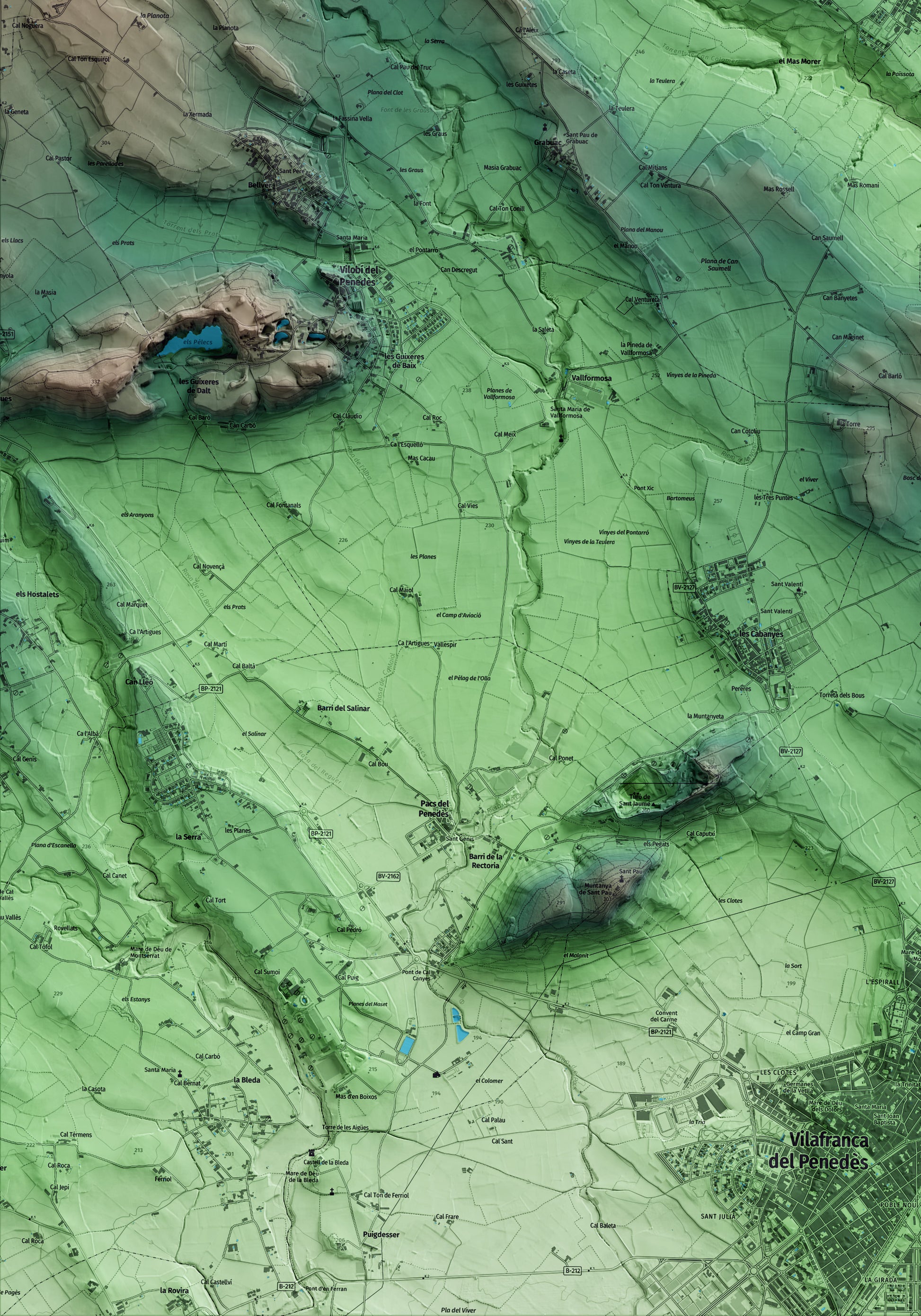 Mapa artístico del relieve de Puigdàlber, al Alt Penedès, con 15 km de entorno y base topográfica ICGC. Detalle de la zona inferior izquierda.