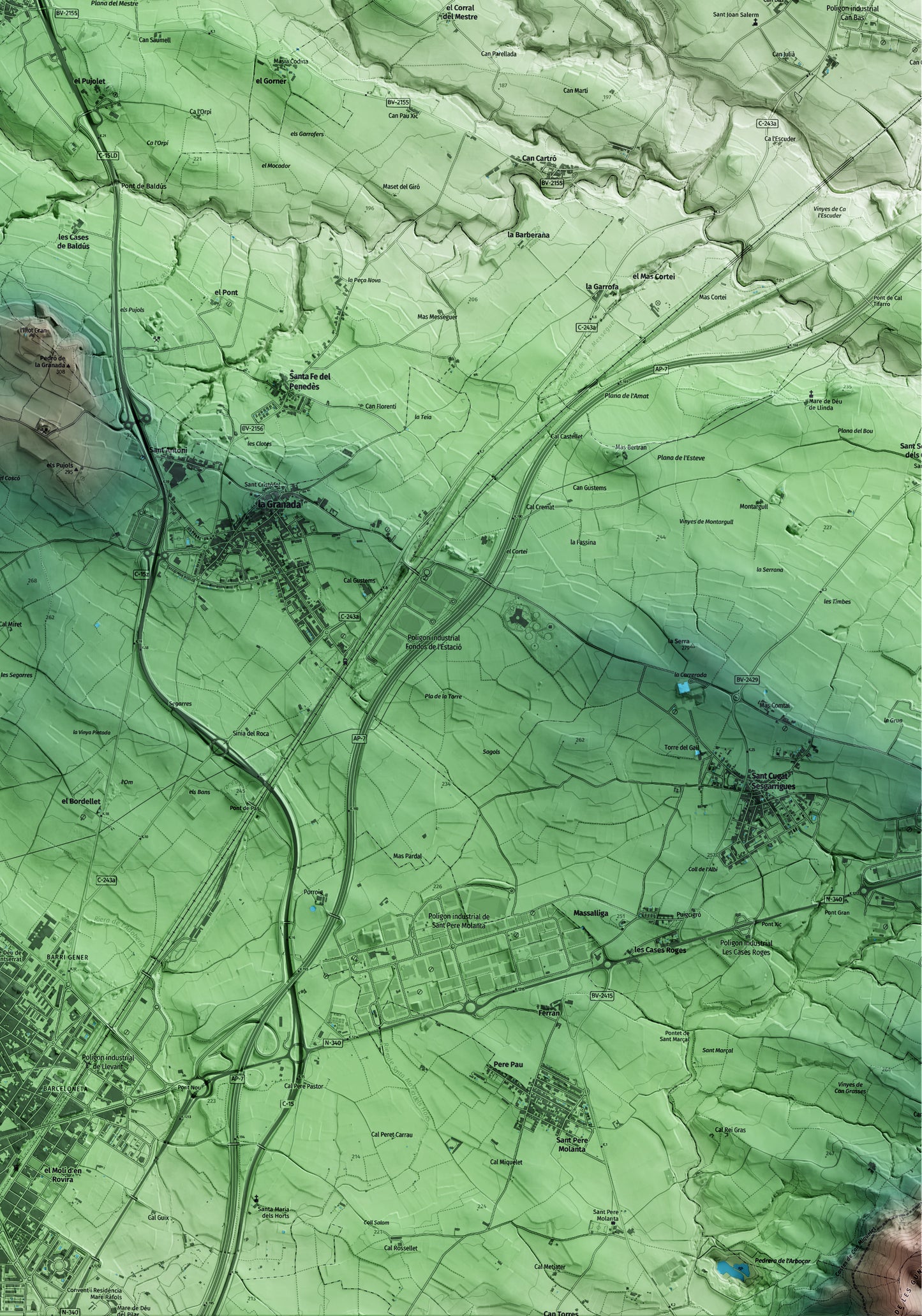 Mapa artístico del relieve de Puigdàlber, al Alt Penedès, con 15 km de entorno y base topográfica ICGC. Detalle de la zona inferior derecha.