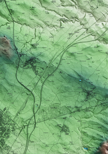 Mapa artístico del relieve de Puigdàlber, al Alt Penedès, con 15 km de entorno y base topográfica ICGC. Detalle de la zona inferior derecha.