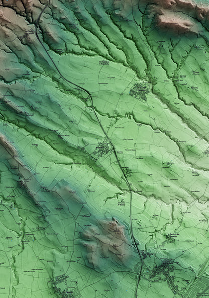 Mapa artístico del relieve de Puigdàlber, al Alt Penedès, con 15 km de entorno y base topográfica ICGC. Detalle de la zona central.