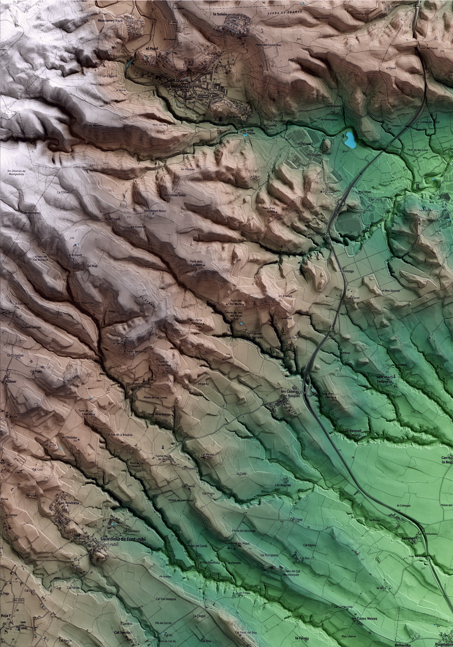 Mapa artístico del relieve de Puigdàlber, al Alt Penedès, con 15 km de entorno y base topográfica ICGC. Detalle de la zona superior izquierda.