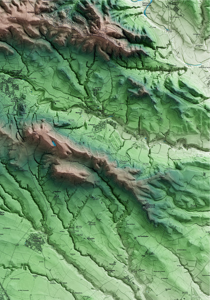 Mapa artístico del relieve de Puigdàlber, al Alt Penedès, con 15 km de entorno y base topográfica ICGC. Detalle de la zona superior derecha.
