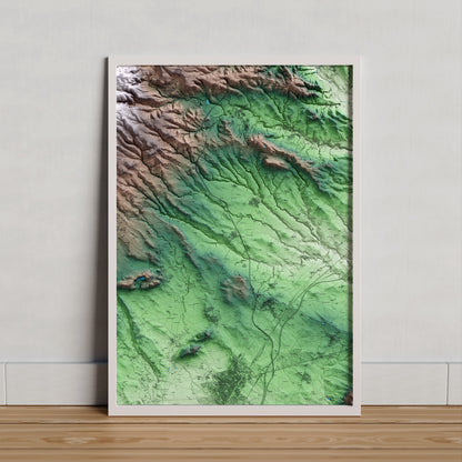 Mapa artístico del relieve de Puigdàlber, al Alt Penedès, con 15 km de entorno y base topográfica ICGC. Presentación enmarcada.