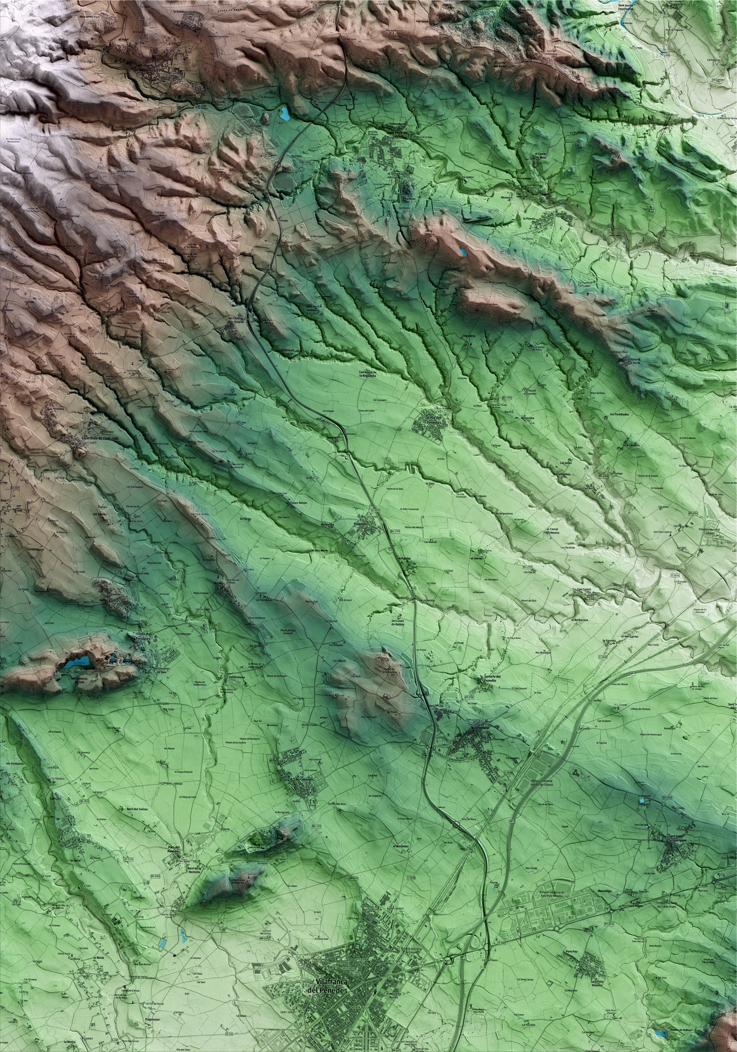 Mapa artístico del relieve de Puigdàlber, al Alt Penedès, con 15 km de entorno y base topográfica ICGC