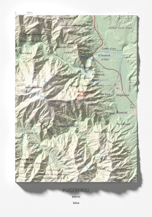 Mapa de relieve de Puigdefrou, 839 m, Selva, lámina 100 Cims de Trobart 21 × 30 cm.