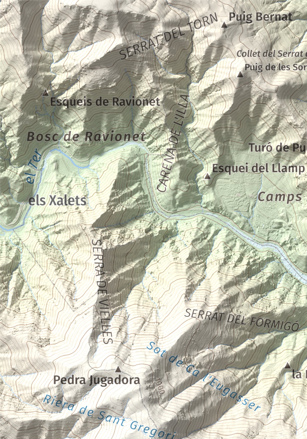 Mapa de relieve de Puigdefrou, 839 m, Selva, lámina 100 Cims de Trobart. Detalle de la zona superior izquierda. 21 × 30 cm.