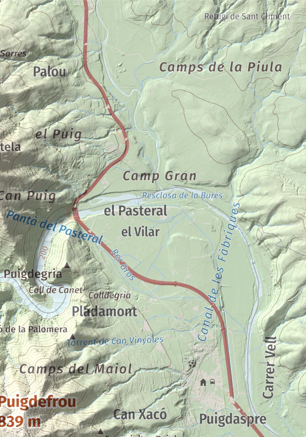 Mapa de relieve de Puigdefrou, 839 m, Selva, lámina 100 Cims de Trobart. Detalle de la zona superior derecha. 21 × 30 cm.