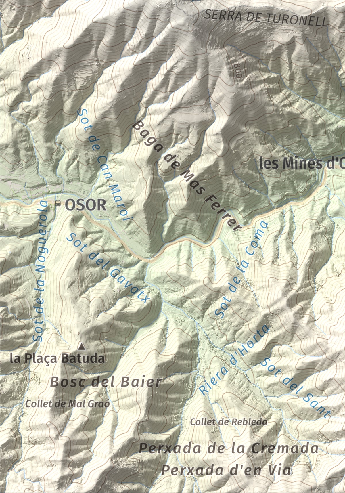Mapa de relieve de Puigdefrou, 839 m, Selva, lámina 100 Cims de Trobart. Detalle de la zona inferior izquierda. 21 × 30 cm.