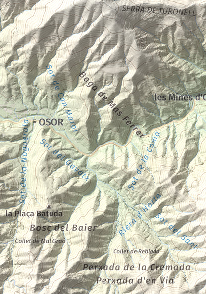 Mapa de relieve de Puigdefrou, 839 m, Selva, lámina 100 Cims de Trobart. Detalle de la zona inferior izquierda. 21 × 30 cm.