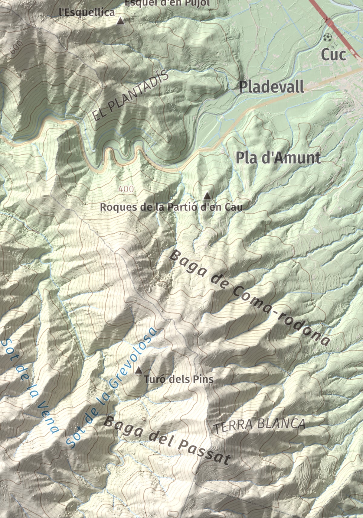 Mapa de relieve de Puigdefrou, 839 m, Selva, lámina 100 Cims de Trobart. Detalle de la zona inferior derecha. 21 × 30 cm.
