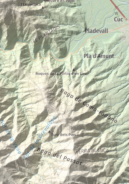 Mapa de relieve de Puigdefrou, 839 m, Selva, lámina 100 Cims de Trobart. Detalle de la zona inferior derecha. 21 × 30 cm.