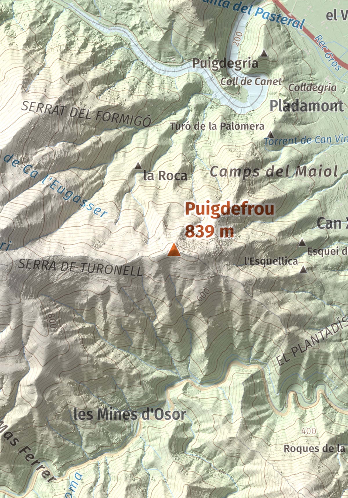 Mapa de relieve de Puigdefrou, 839 m, Selva, lámina 100 Cims de Trobart. Detalle de la zona central. 21 × 30 cm.
