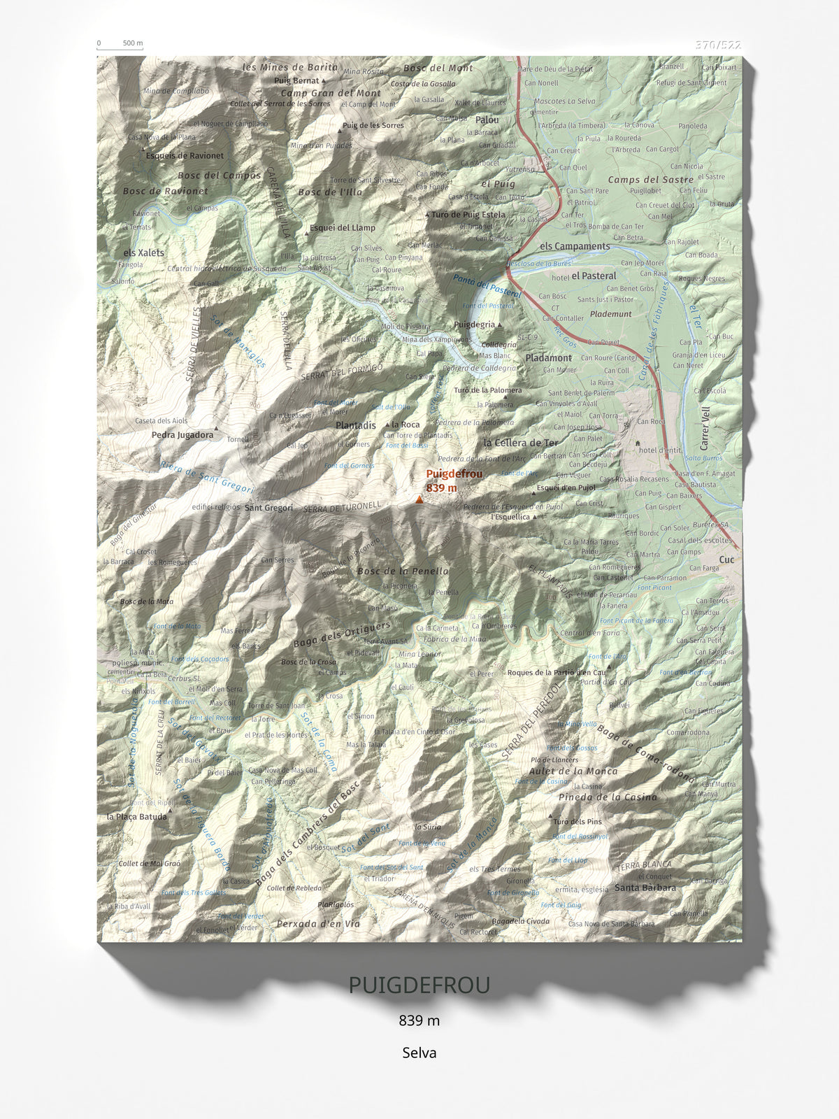 Mapa de relieve de Puigdefrou, 839 m, Selva, lámina 100 Cims de Trobart 30 × 40 cm.