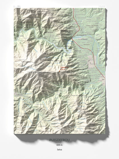 Mapa de relieve de Puigdefrou, 839 m, Selva, lámina 100 Cims de Trobart 30 × 40 cm.