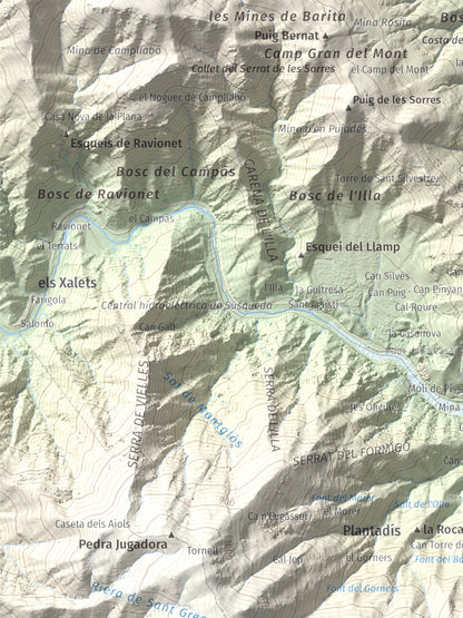 Mapa de relieve de Puigdefrou, 839 m, Selva, lámina 100 Cims de Trobart. Detalle de la zona superior izquierda. 30 × 40 cm.