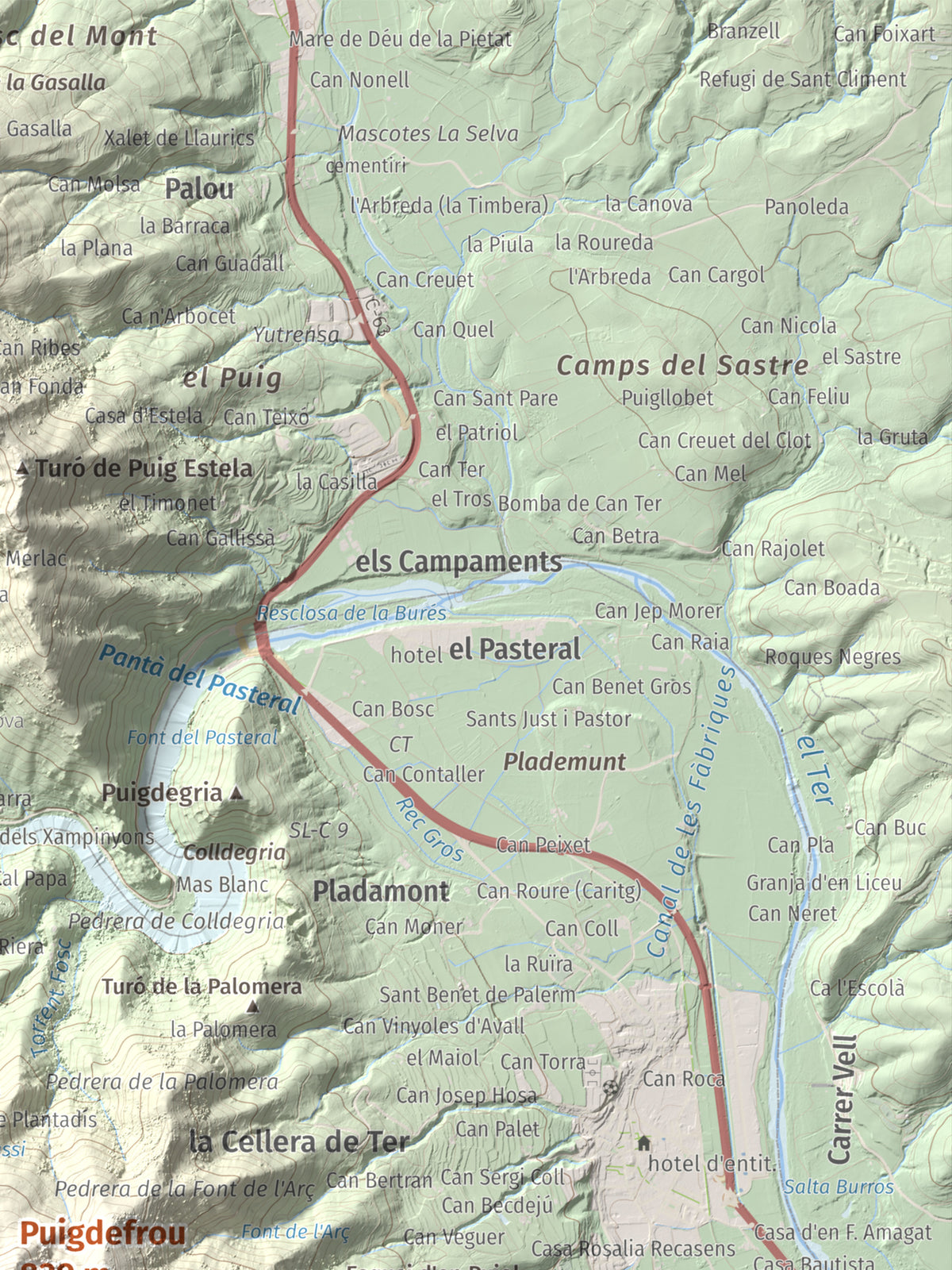 Mapa de relieve de Puigdefrou, 839 m, Selva, lámina 100 Cims de Trobart. Detalle de la zona superior derecha. 30 × 40 cm.