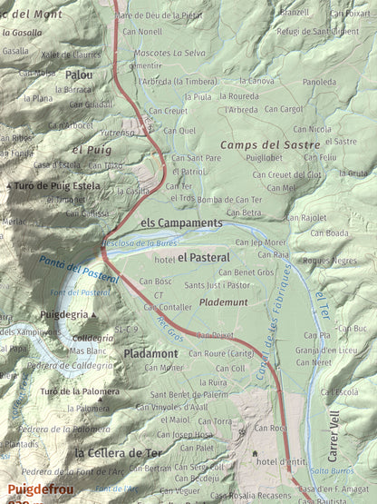 Mapa de relieve de Puigdefrou, 839 m, Selva, lámina 100 Cims de Trobart. Detalle de la zona superior derecha. 30 × 40 cm.